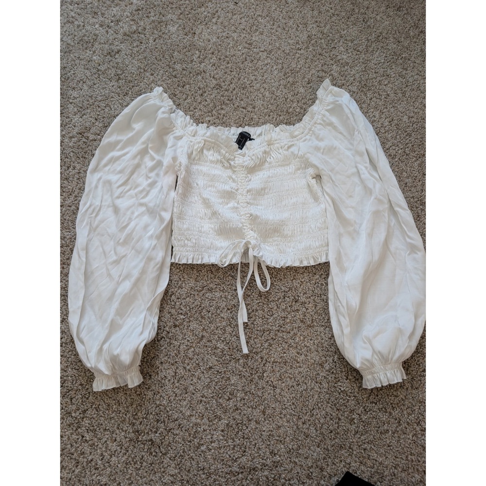 Forever 21 White Smocked Off Shoulder Balloon Sleeve Crop Top Size L